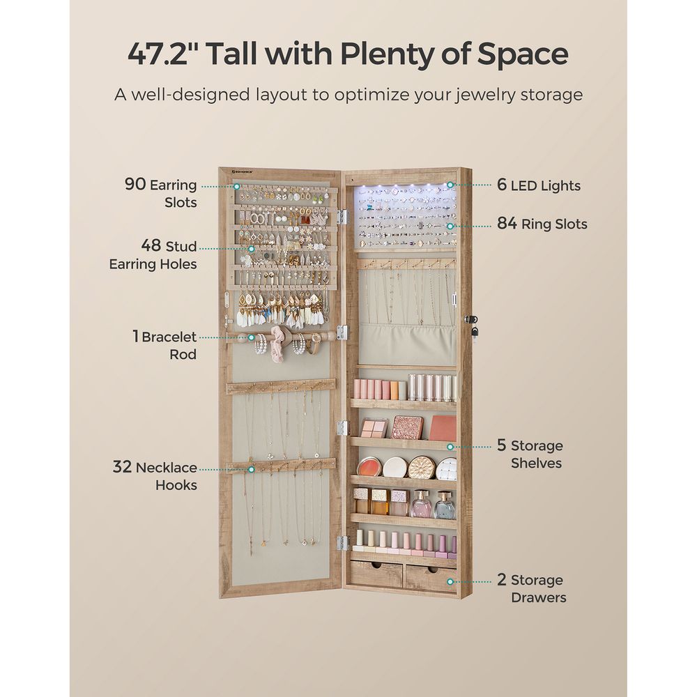 Jewelry Armoire Organizer - Lockable - Wall Or Door Mounted Mirror