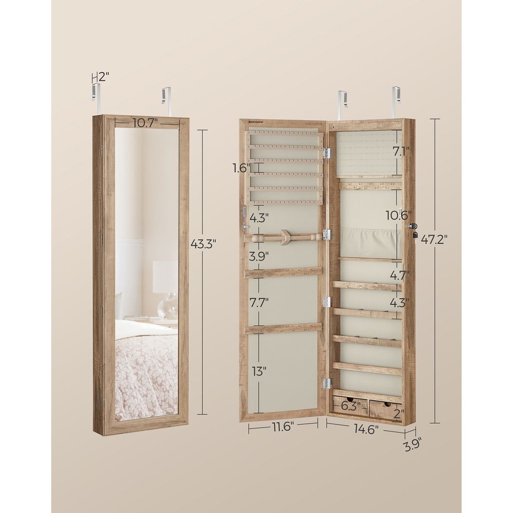 Jewelry Armoire Organizer - Lockable - Wall Or Door Mounted Mirror