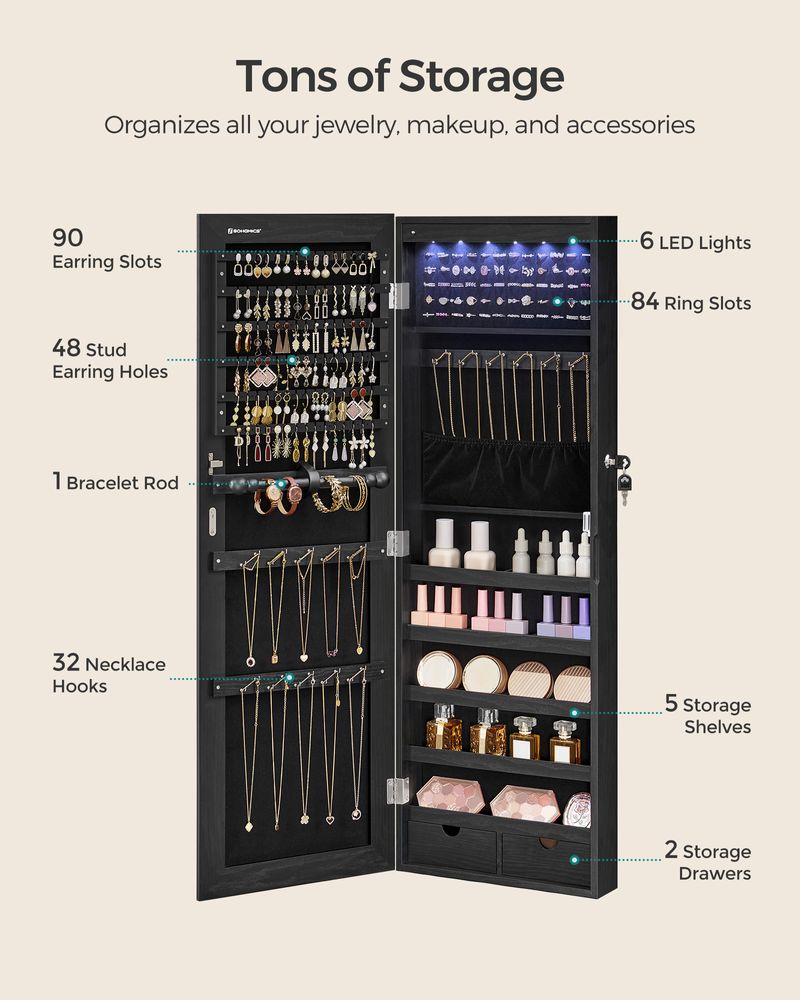 Jewelry Armoire Cabinet - Wall Mounted - LED Mirror Storage