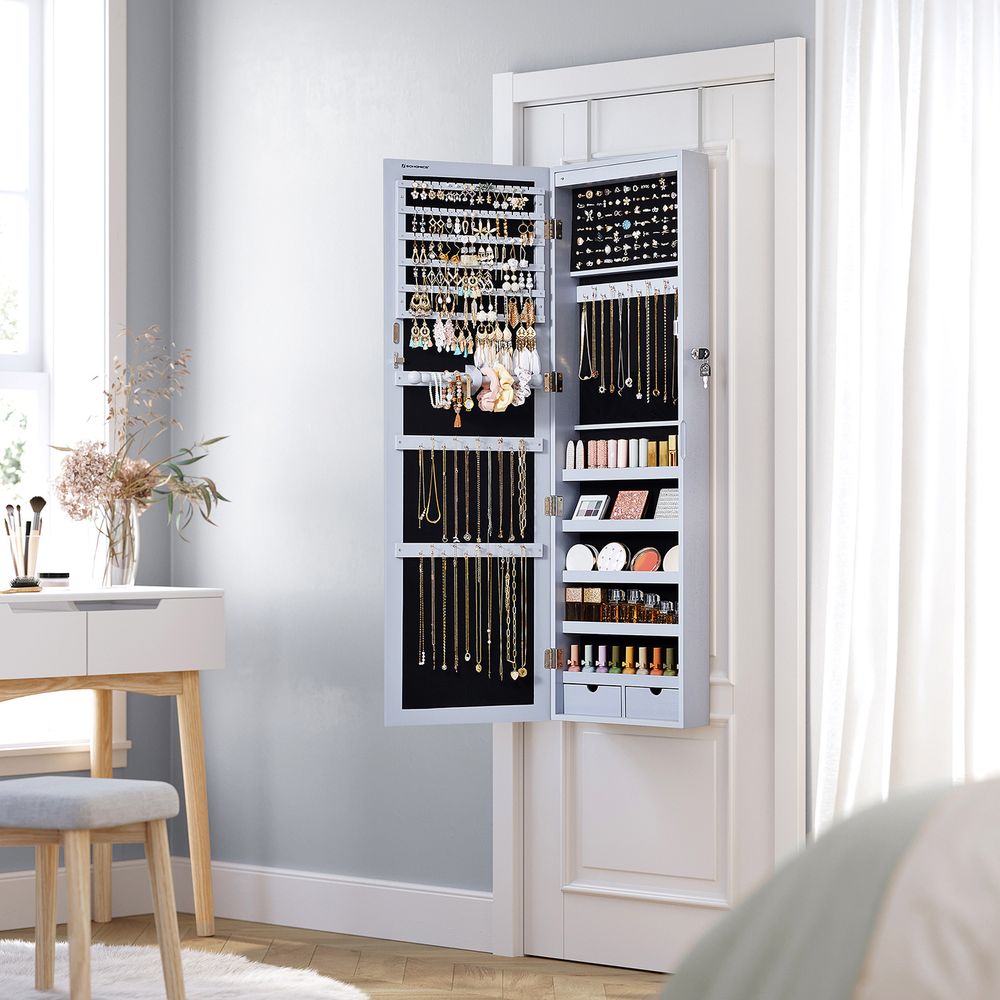 Jewelry Armoire Organizer - Lockable - Wall Or Door Mounted Mirror