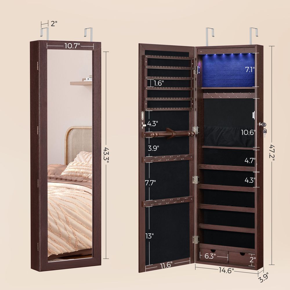Jewelry Armoire Organizer - Lockable - Wall Or Door Mounted Mirror