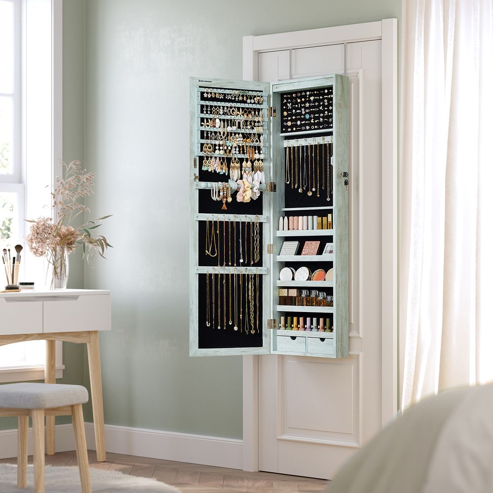 Jewelry Armoire Organizer - Lockable - Wall Or Door Mounted Mirror