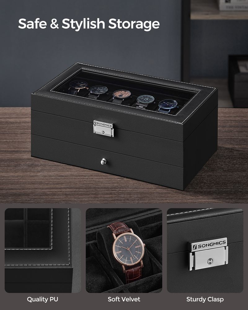 Watch Case Organizer - 6 Slot Lockable - Glass Lid Storage