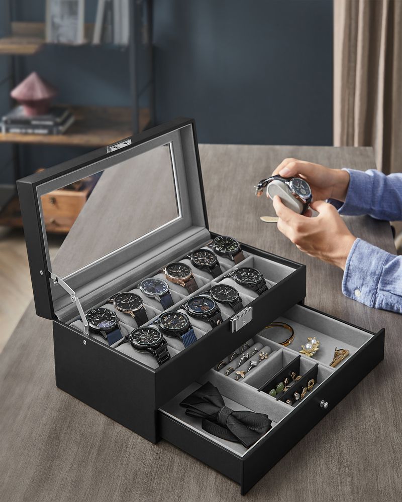 Watch Case Organizer - 6 Slot Lockable - Glass Lid Storage