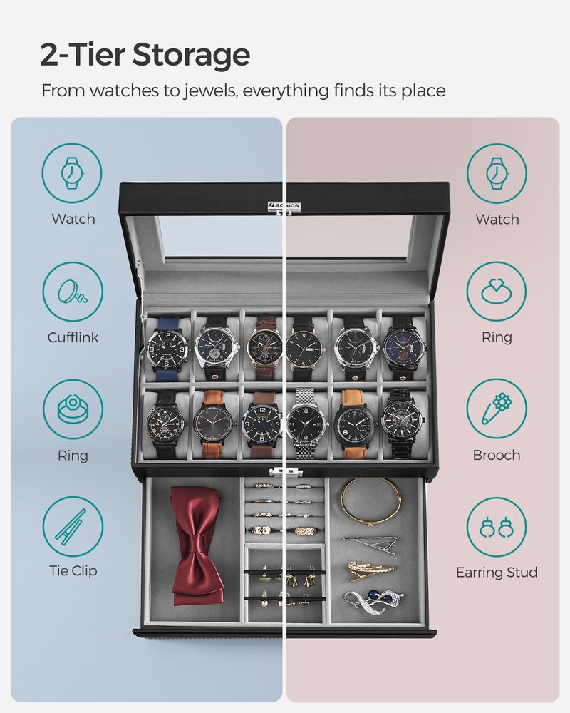 Watch Case Organizer - 6 Slot Lockable - Glass Lid Storage