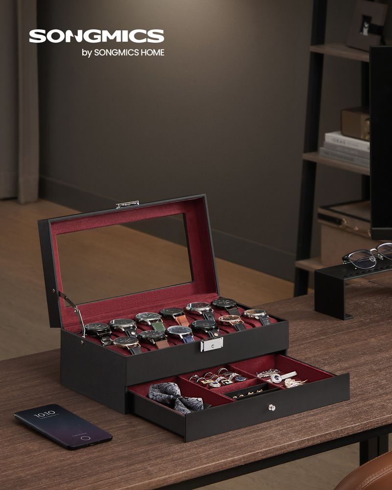 Watch Case Organizer - 6 Slot Lockable - Glass Lid Storage