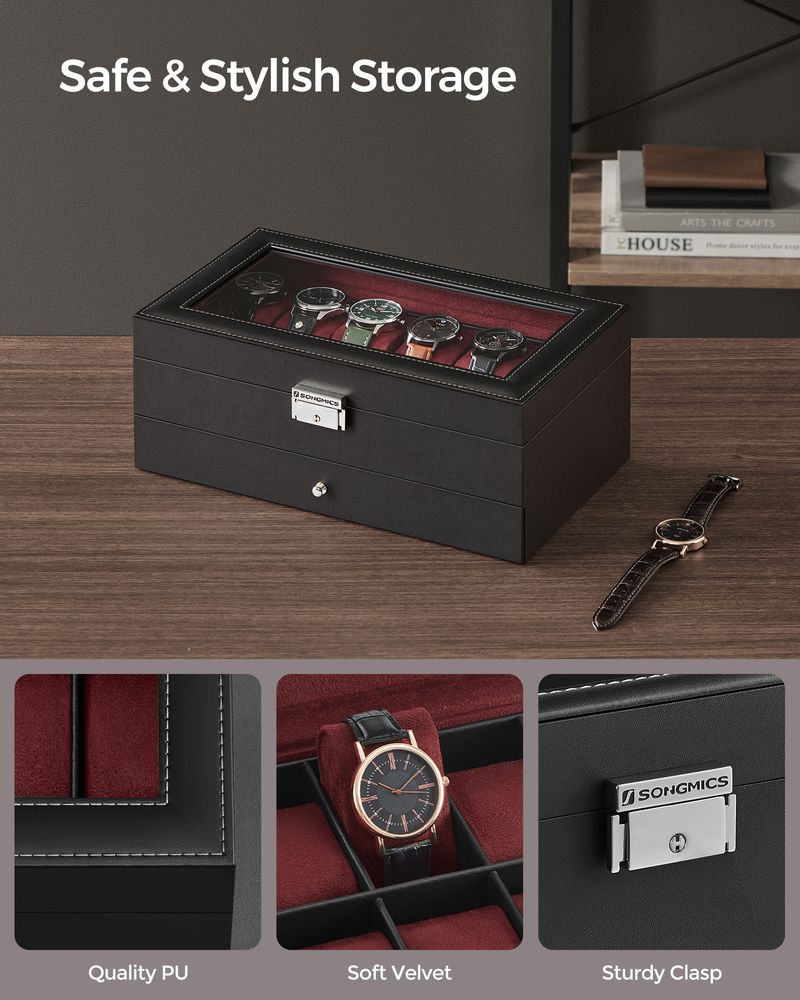 Watch Case Organizer - 6 Slot Lockable - Glass Lid Storage