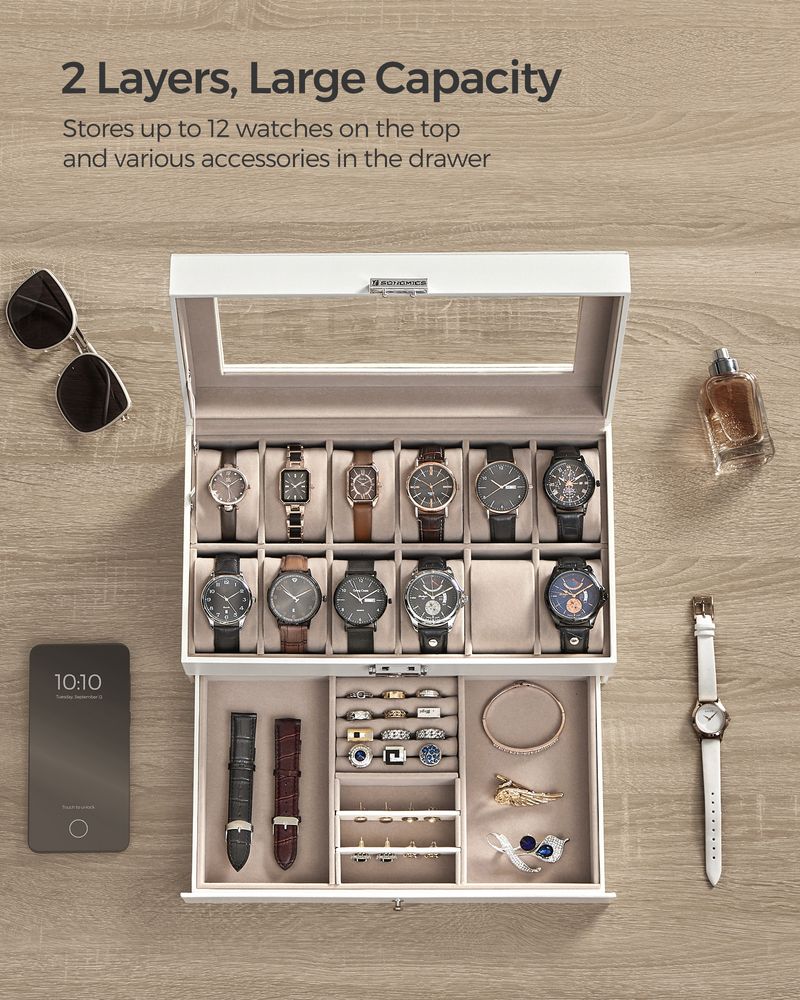 Watch Case Organizer - 6 Slot Lockable - Glass Lid Storage