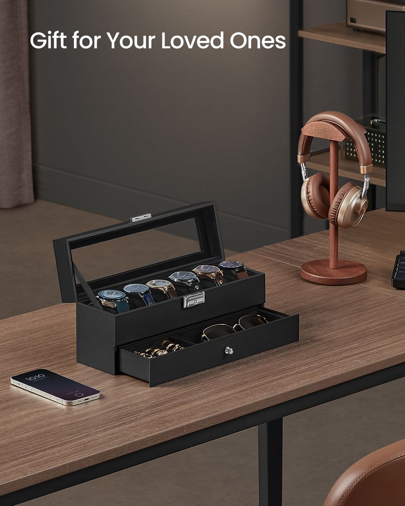 Watch Case Organizer - 6 Slot Lockable - Glass Lid Storage