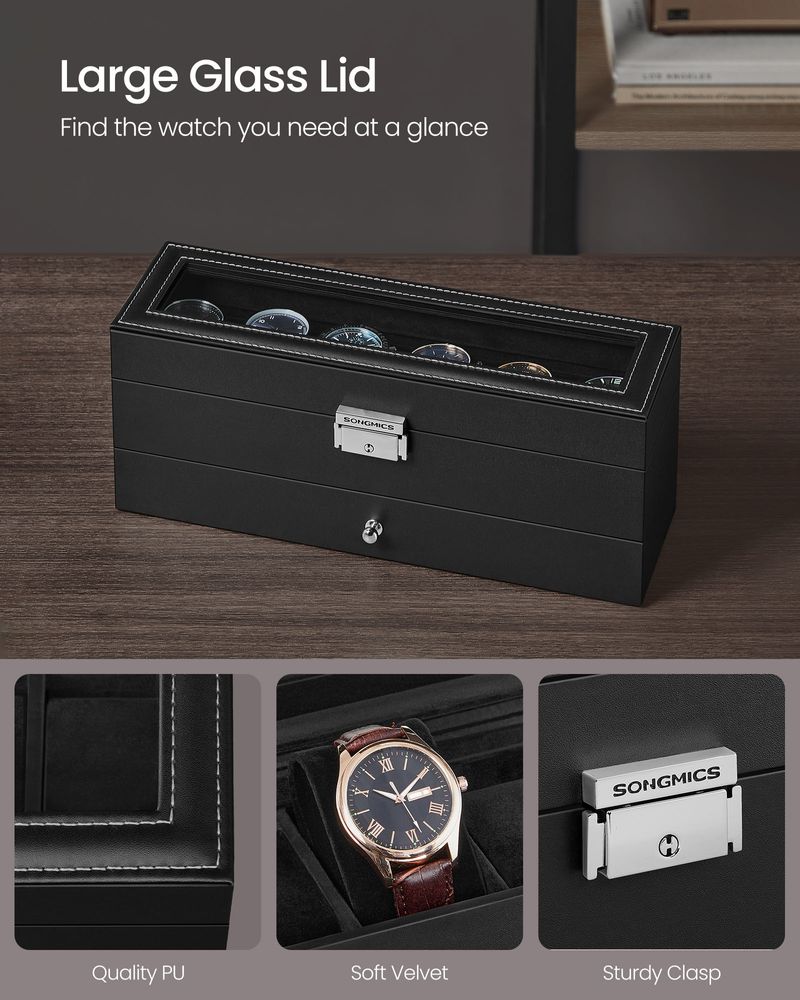 Watch Case Organizer - 6 Slot Lockable - Glass Lid Storage