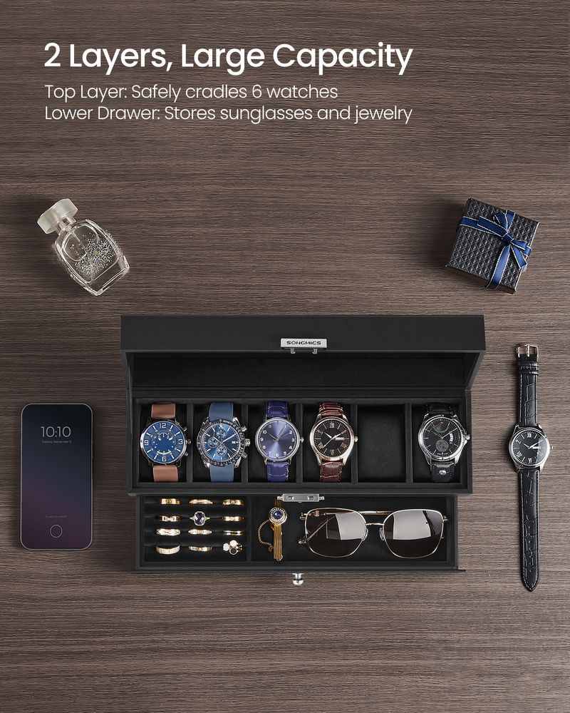 Watch Case Organizer - 6 Slot Lockable - Glass Lid Storage