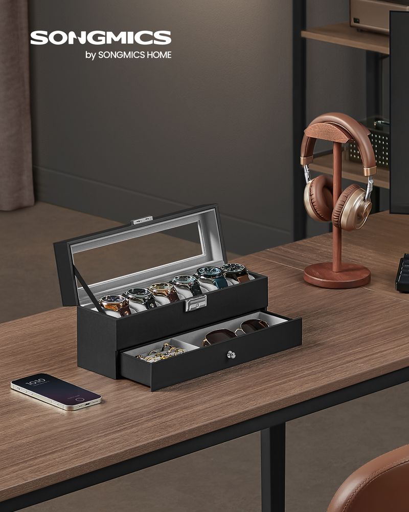 Watch Case Organizer - 6 Slot Lockable - Glass Lid Storage