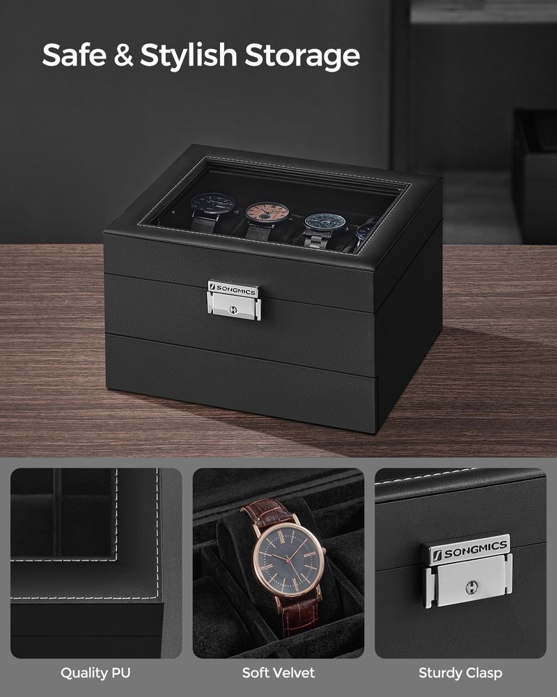 Watch Case Organizer - 6 Slot Lockable - Glass Lid Storage