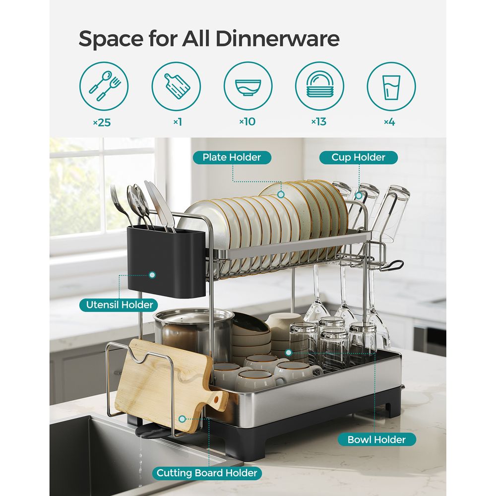 2 Tier Dish Rack With Drainboard Rotatable Extendable Spout