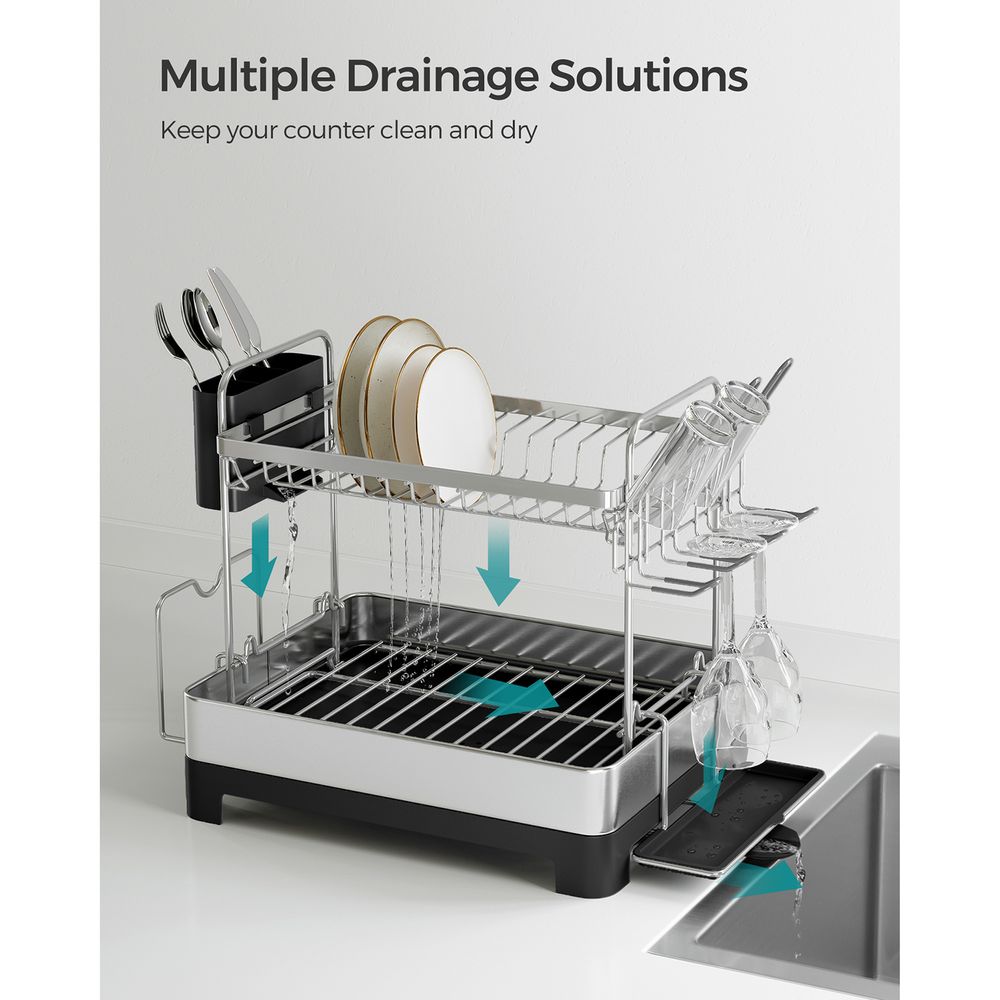 2 Tier Dish Rack With Drainboard Rotatable Extendable Spout