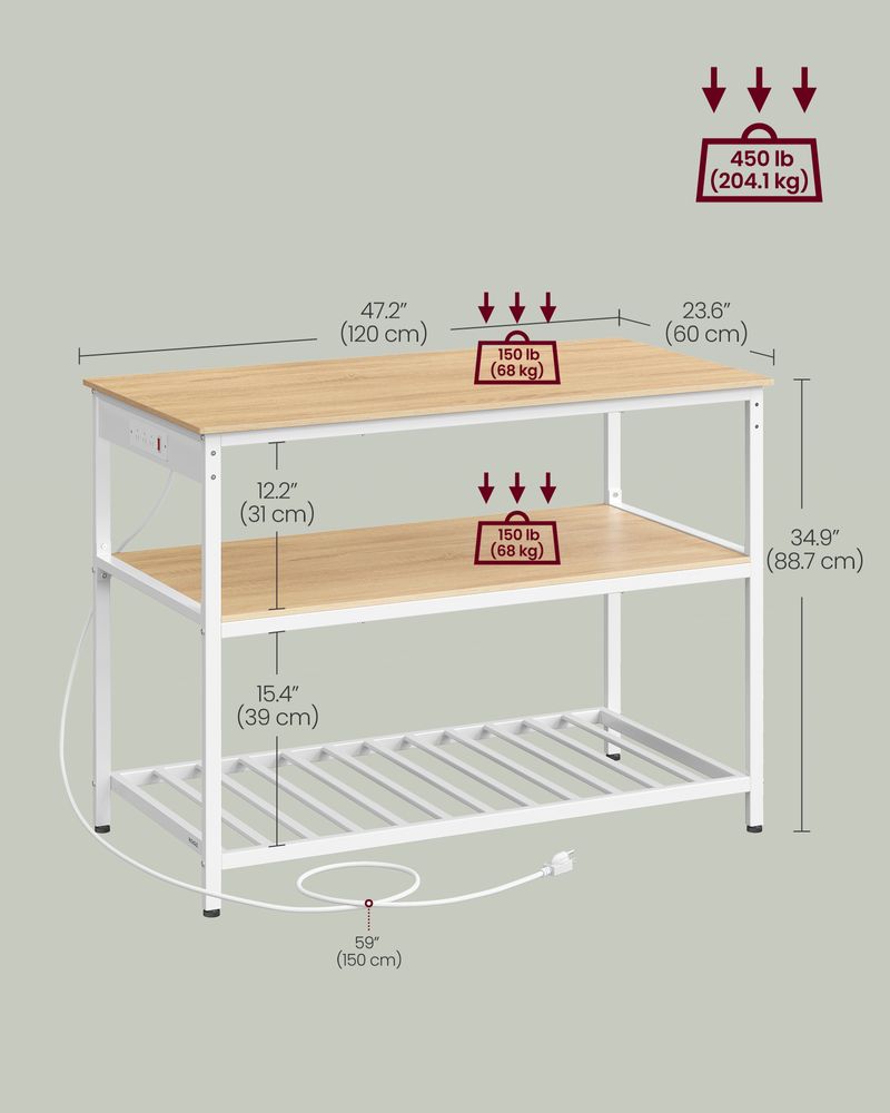 Kitchen Island With 3 Shelves – Built-In Power Strip – Large Worktop