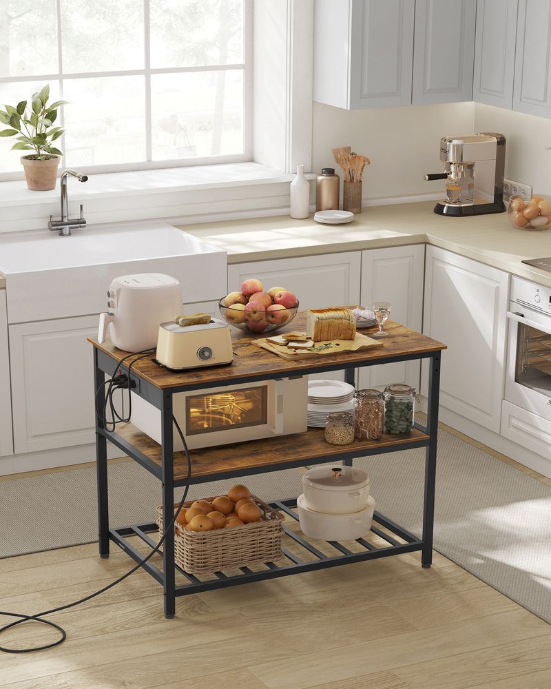 Kitchen Island With 3 Shelves – Built-In Power Strip – Large Worktop