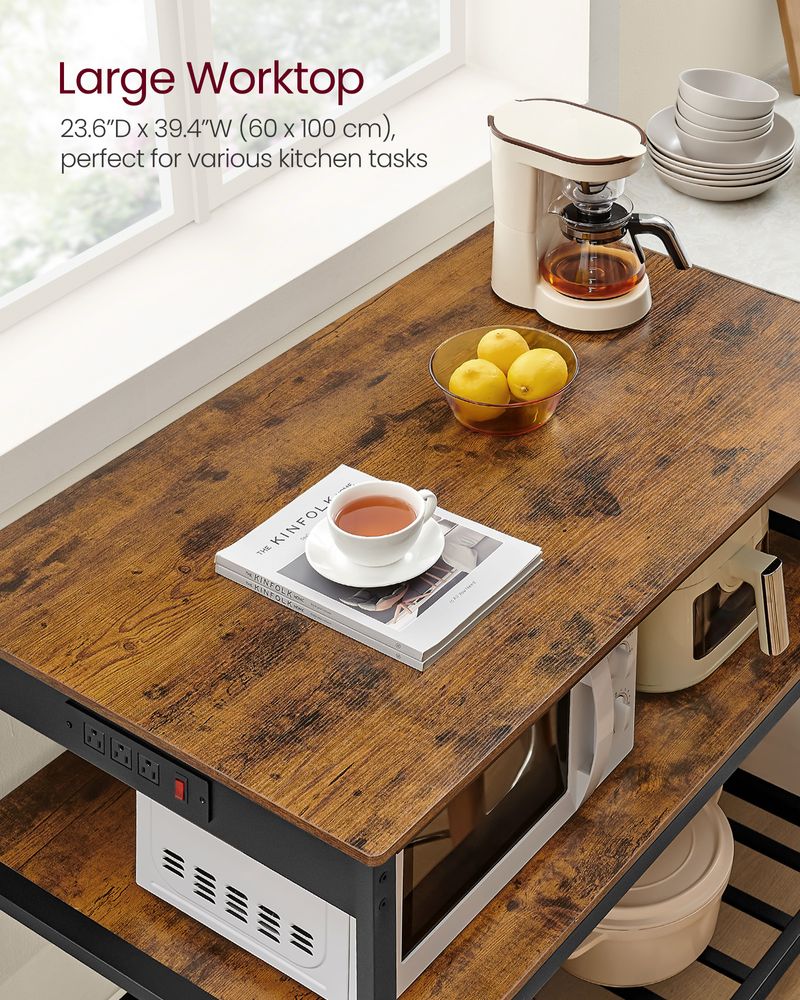 Kitchen Island With 3 Shelves – Built-In Power Strip – Large Worktop