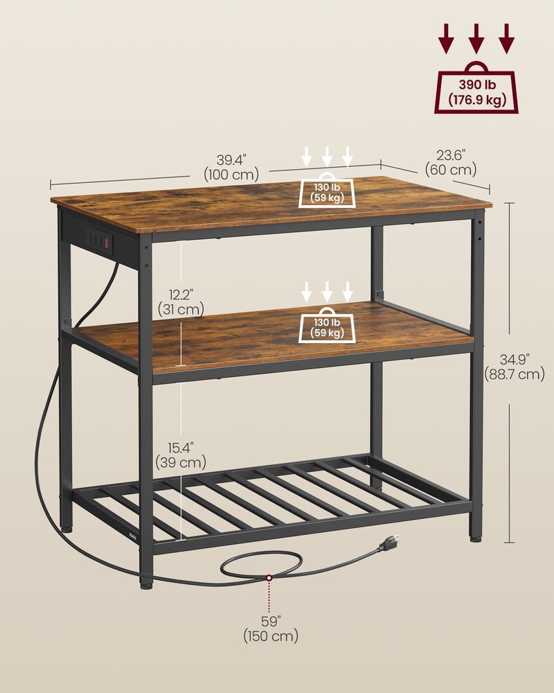 Kitchen Island With 3 Shelves – Built-In Power Strip – Large Worktop