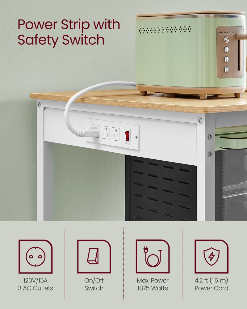 Kitchen Island With 3 Shelves – Built-In Power Strip – Large Worktop