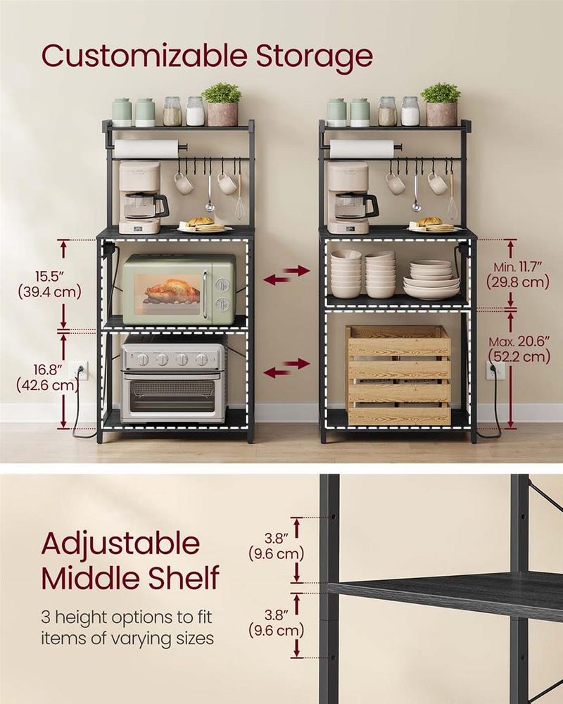 Kitchen Baker’s Rack With Power Outlet – Large Worktop – Multi-Shelf Storage