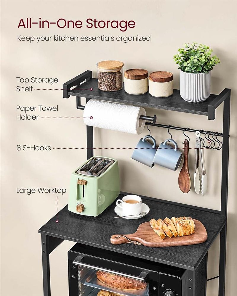 Kitchen Baker’s Rack With Power Outlet – Large Worktop – Multi-Shelf Storage