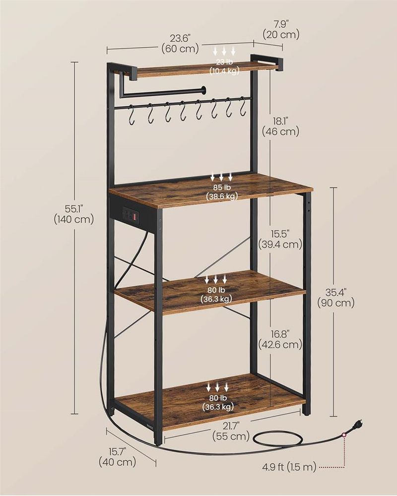 Kitchen Baker’s Rack With Power Outlet – Large Worktop – Multi-Shelf Storage