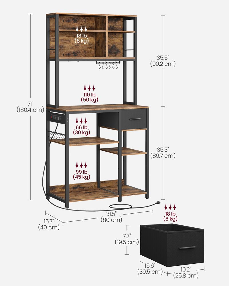 Bakers Rack With Charging Station Kitchen Storage Shelf Microwave Stand