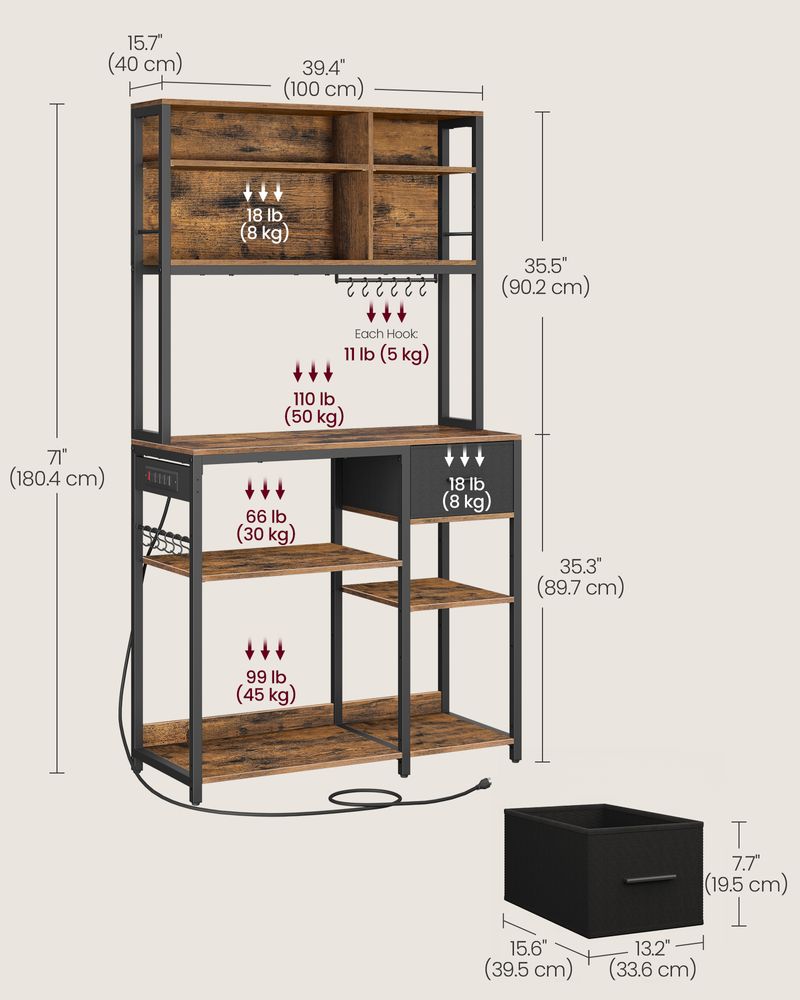 Bakers Rack With Charging Station Kitchen Storage Shelf Microwave Stand