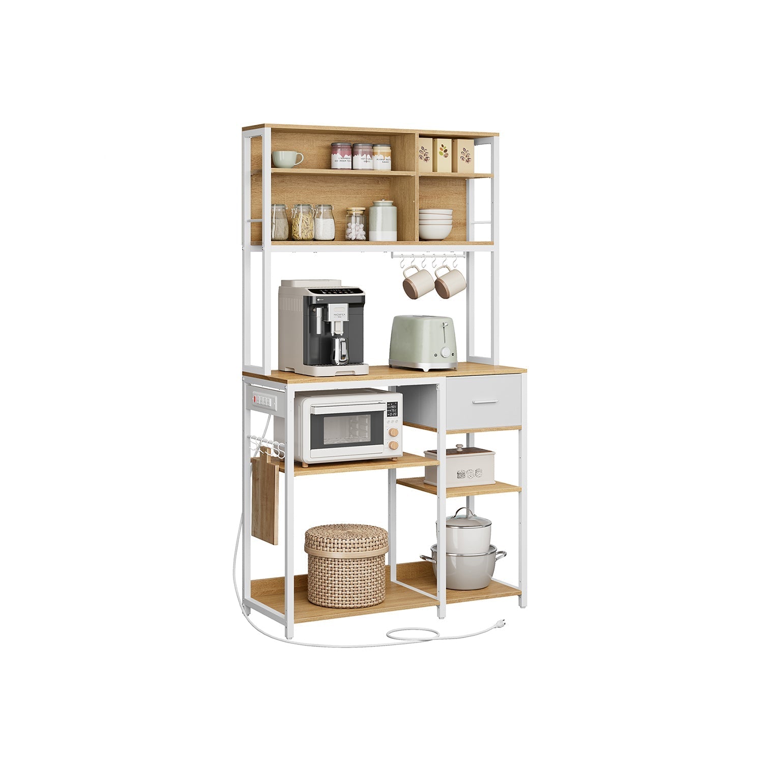 Bakers Rack With Charging Station Kitchen Storage Shelf Microwave Stand