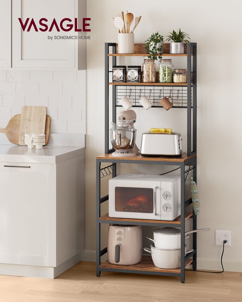 Bakers Rack With Power Outlet Hutch Kitchen Storage Microwave Stand