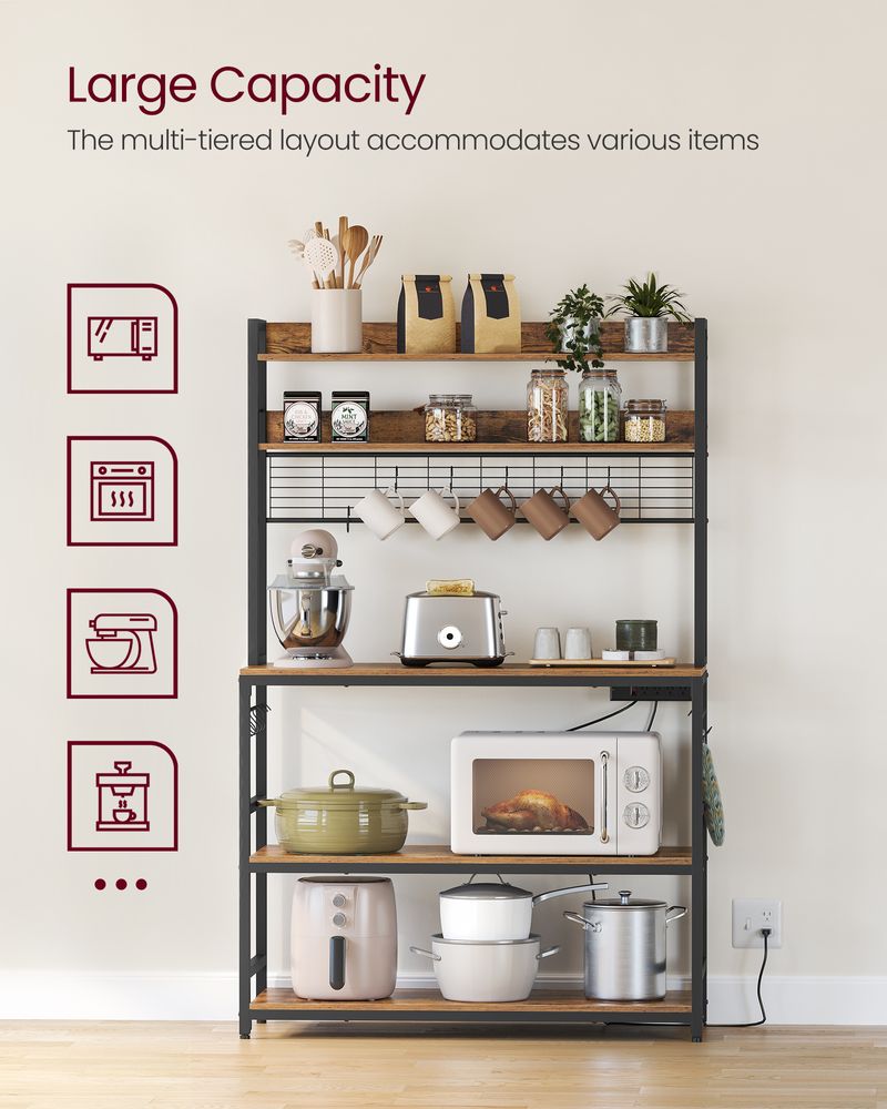 Hutch Bakers Rack With Power Outlet – Adjustable Shelf – Kitchen Storage