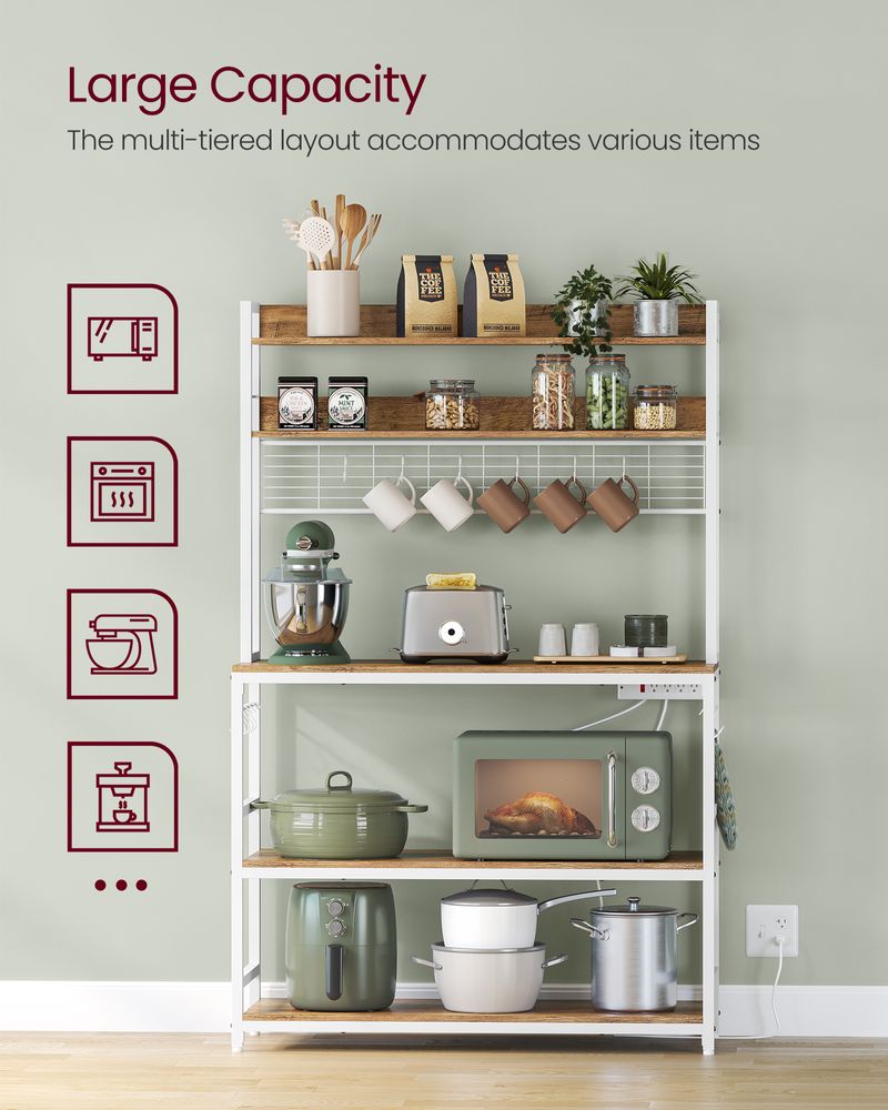 Hutch Baker’s Rack With Power Outlet – Adjustable Shelf – 5-Tier Storage