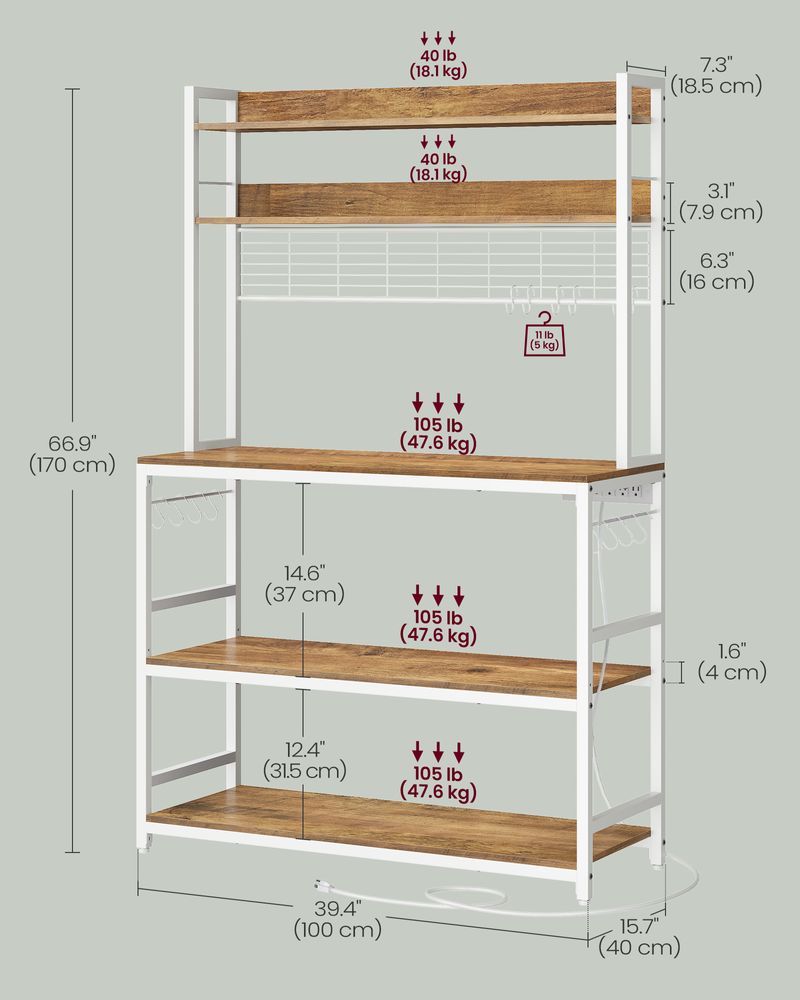 Hutch Baker’s Rack With Power Outlet – Adjustable Shelf – 5-Tier Storage