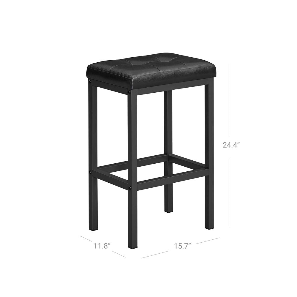 Set of 2 Black Bar Stools – Cushioned PU Leather Seats – Industrial Design