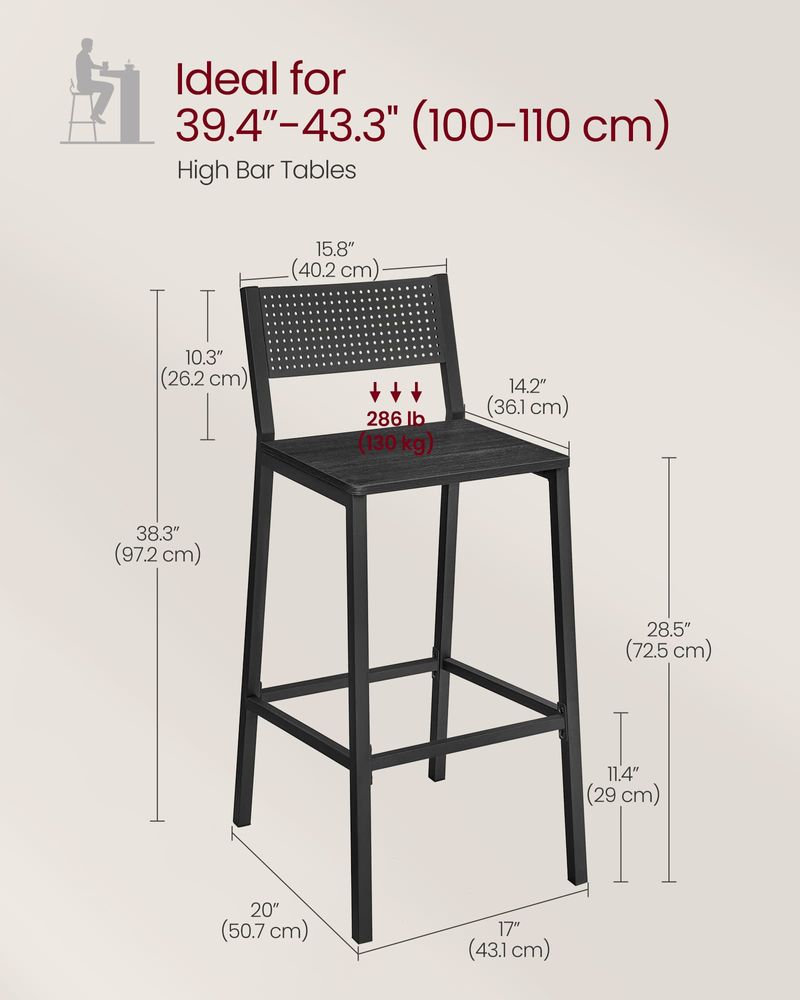 Industrial Bar Stools Set of 2 With Backrest 28.5 Inch Seat Height