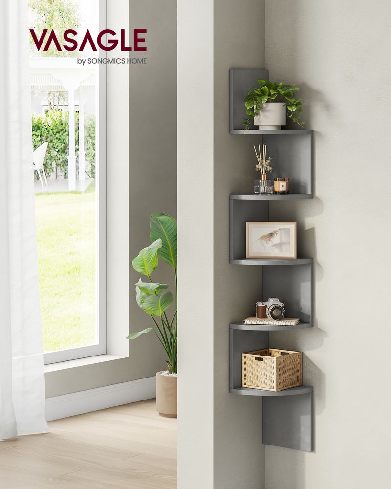 Wall Mounted Corner Shelf - 5 Tier - Space Saving Display Storage