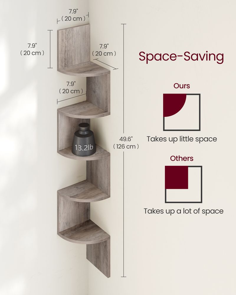 Wall Mounted Corner Shelf - 5 Tier - Space Saving Display Storage