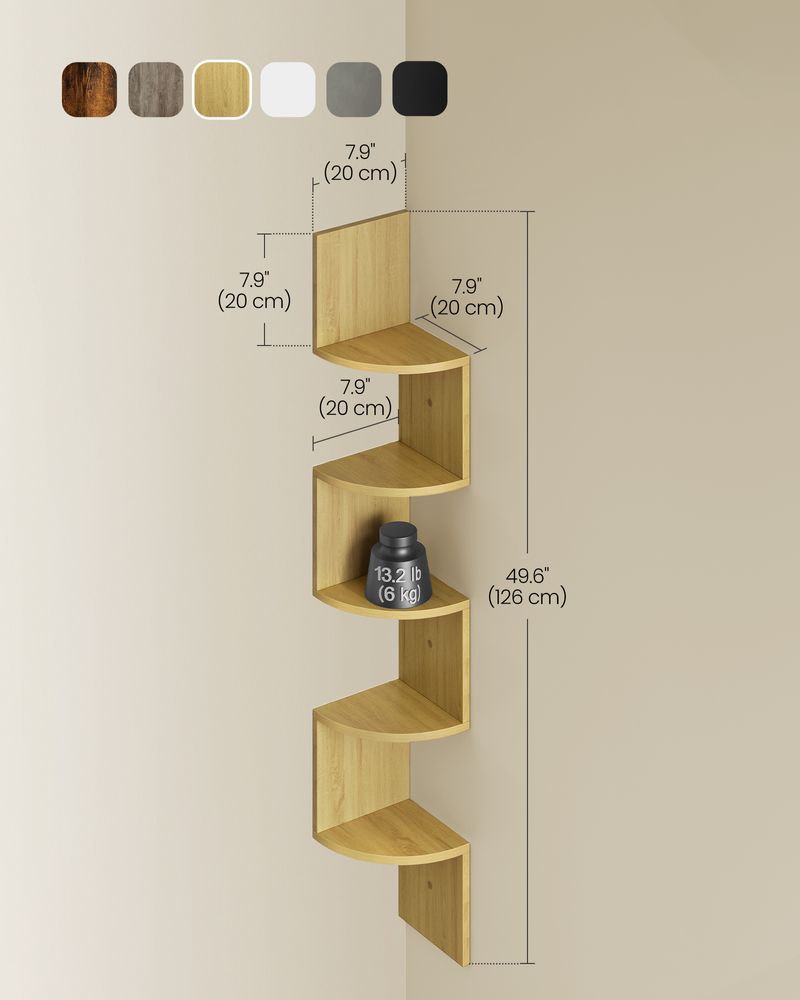 Wall Mounted Corner Shelf - 5 Tier - Space Saving Display Storage