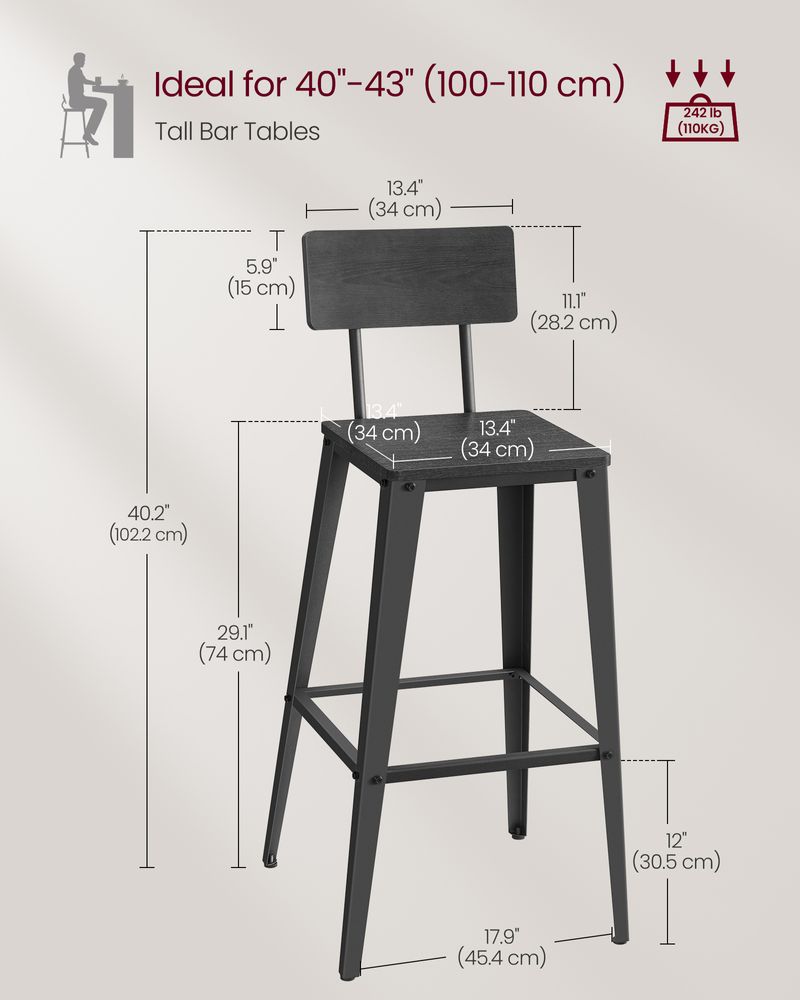 Bar Stools - Tall With Back - Set Of 2 - Industrial Style