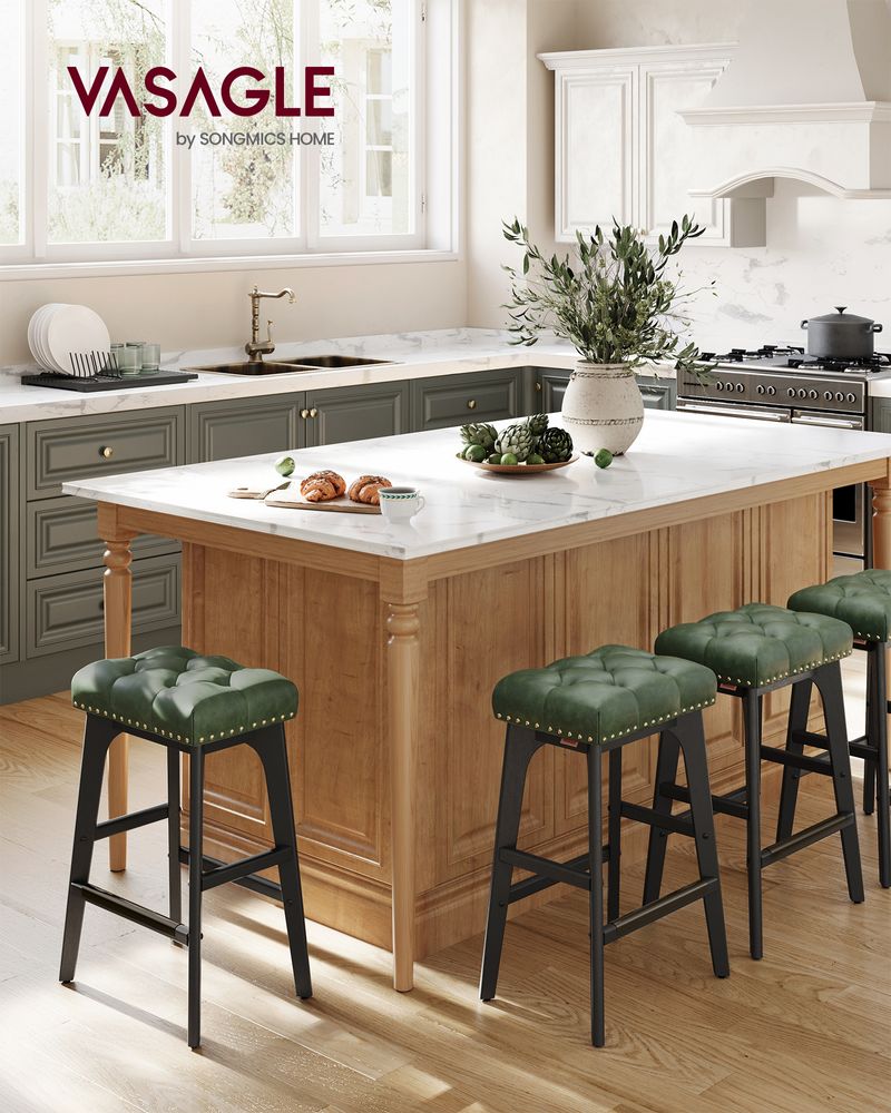 Counter Height Bar Stools Set of 2 – Tufted Seats – Wood Legs