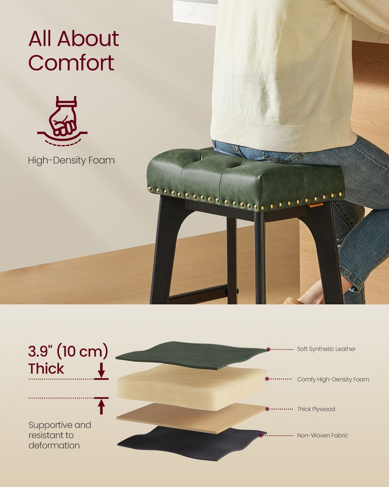 Counter Height Bar Stools Set of 2 – Tufted Seats – Wood Legs