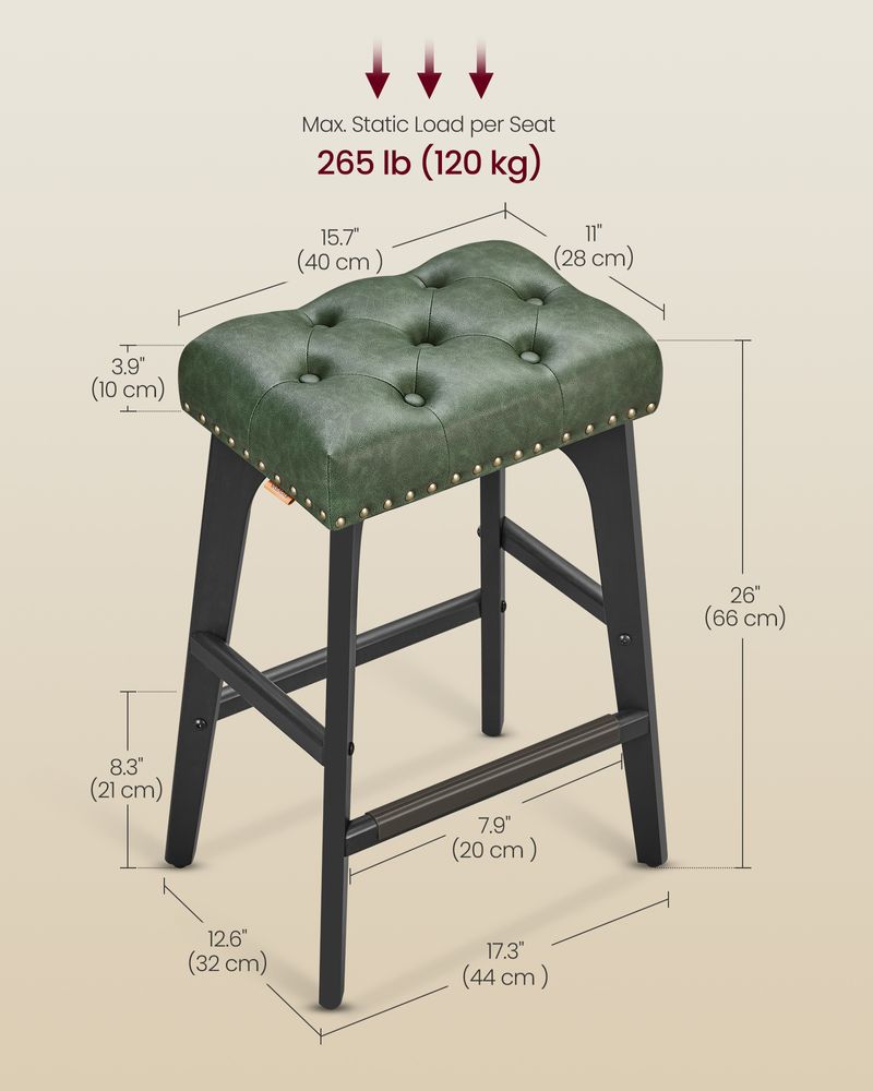 Counter Height Bar Stools Set of 2 – Tufted Seats – Wood Legs