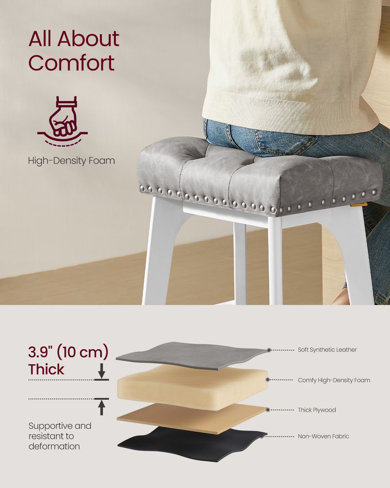 Counter Height Bar Stools Set of 2 – Tufted Seats – Wood Legs