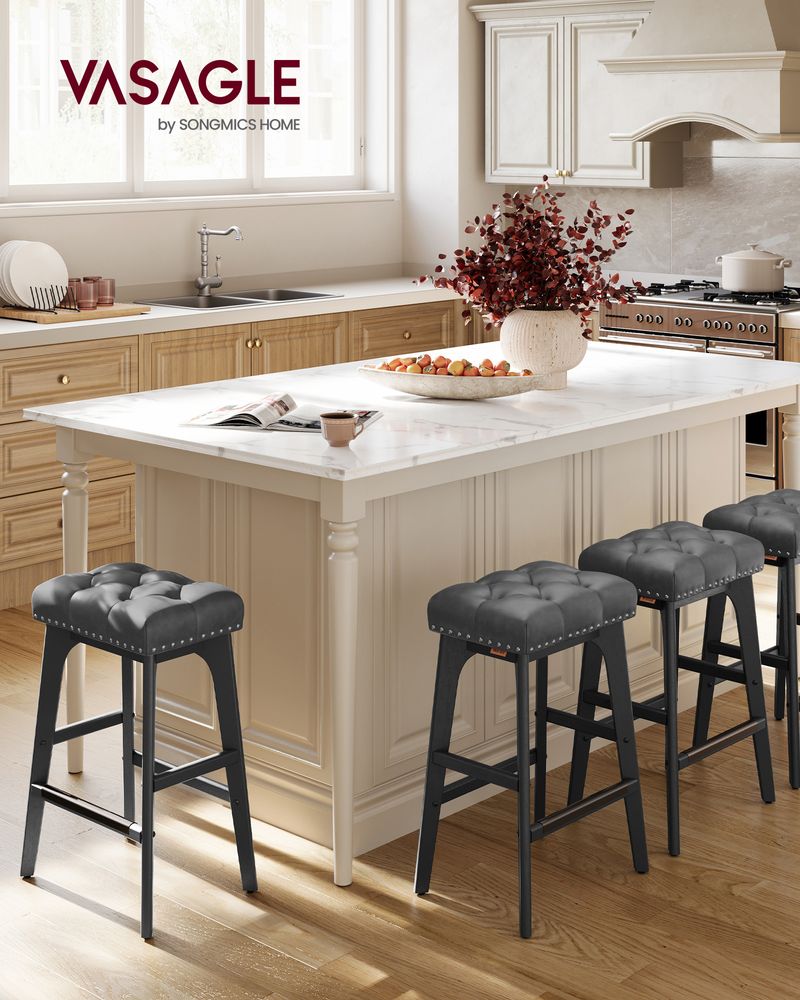 Counter Height Bar Stools Set of 2 – Tufted Seats – Wood Legs