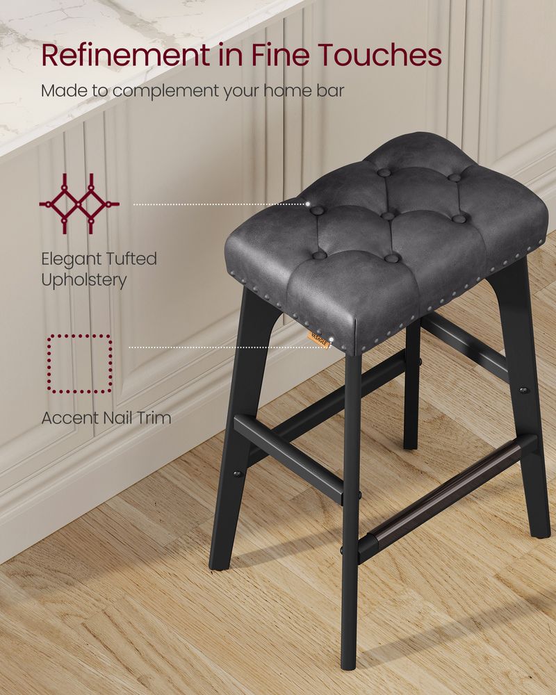 Counter Height Bar Stools Set of 2 – Tufted Seats – Wood Legs