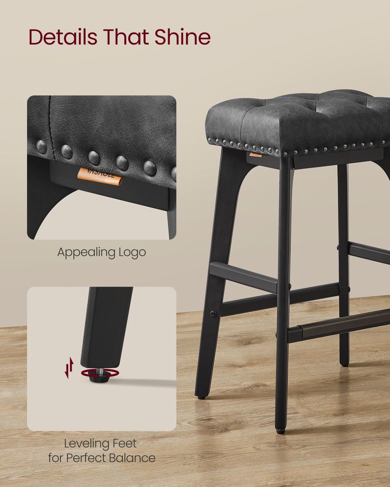 Counter Height Bar Stools Set of 2 – Tufted Seats – Wood Legs