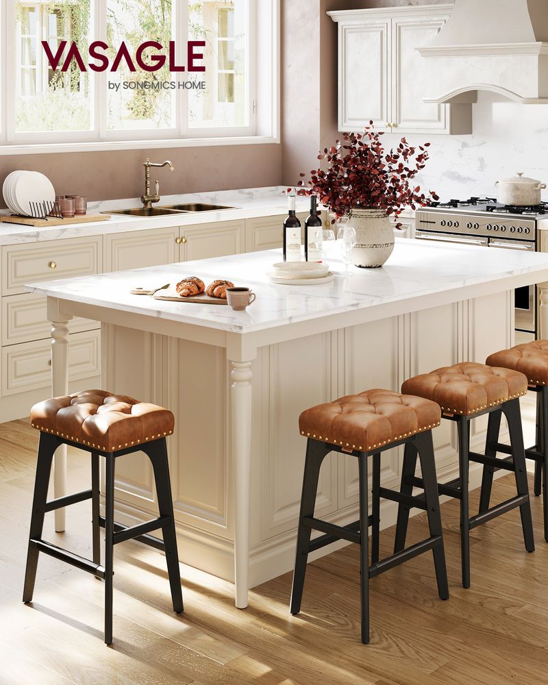 Counter Height Bar Stools Set of 2 – Tufted Seats – Wood Legs