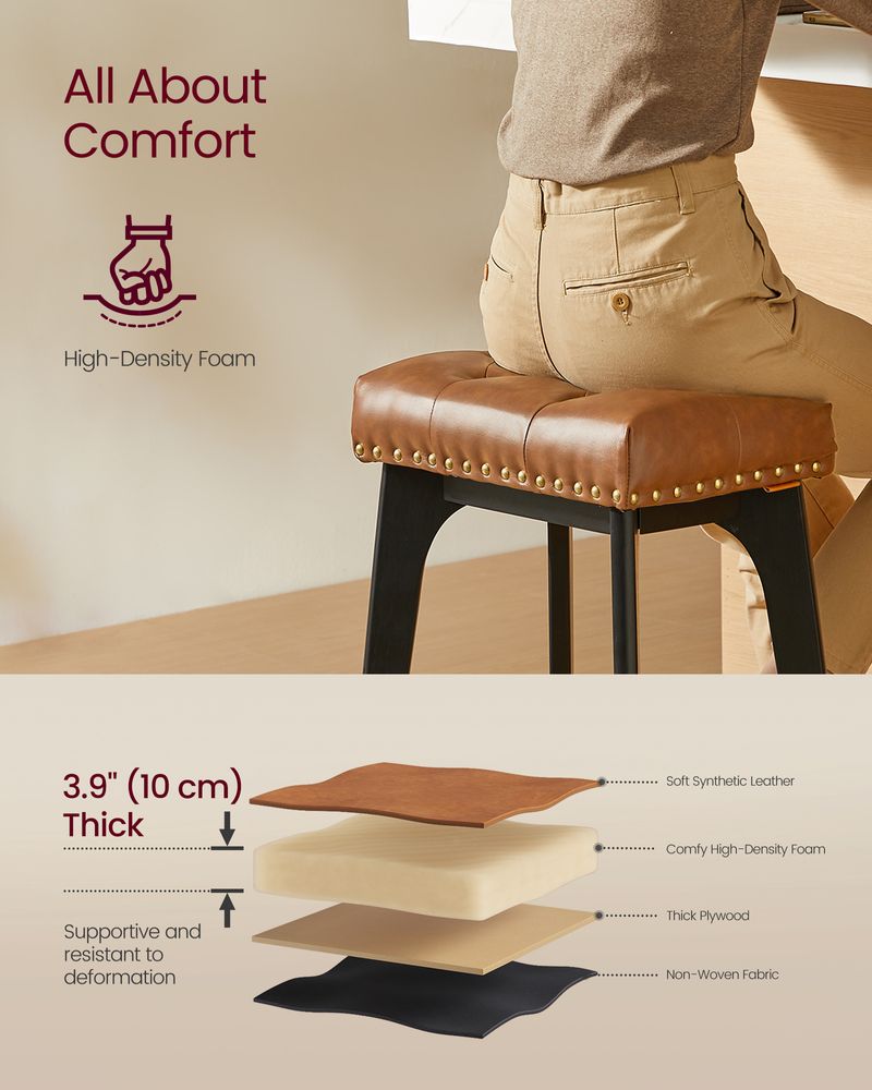 Counter Height Bar Stools Set of 2 – Tufted Seats – Wood Legs