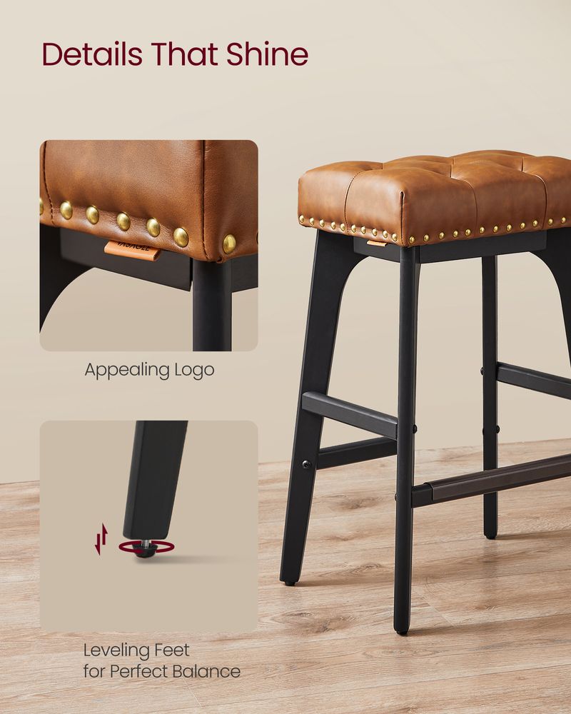 Counter Height Bar Stools Set of 2 – Tufted Seats – Wood Legs